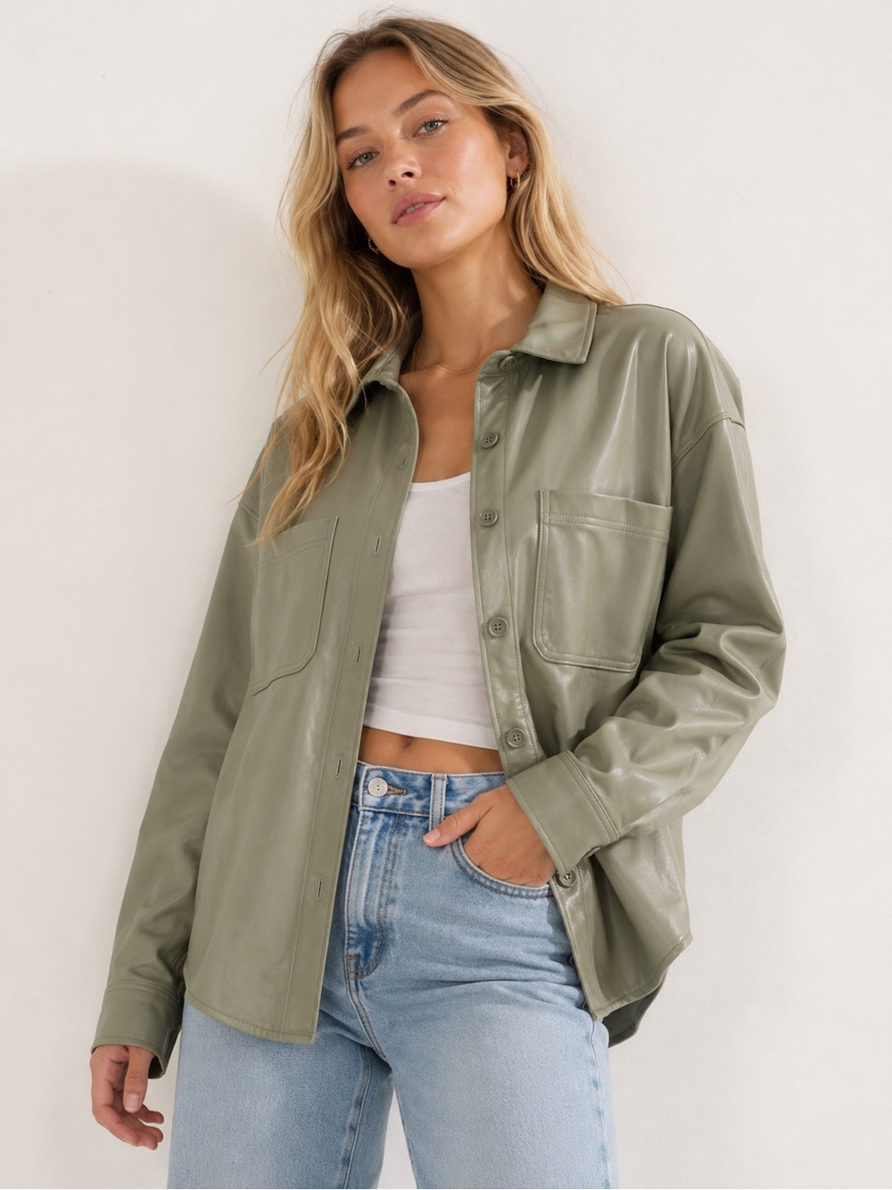 American Eagle Faux Leather Shacket Sage Green Button Front Overshirt NWT Medium
